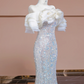Light apricot off-the-shoulder neckline, fitted waist, bodycon long ball gown, bridal dress R8350