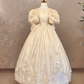 White puff-sleeved, round neck, retro-style, fitted waist, long ball gown/bridal dress R7235