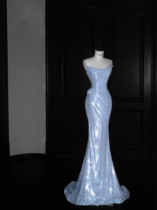 Light blue sequined tube-top slim-waisted hip-hugging maxi skirt, prom dress R5668
