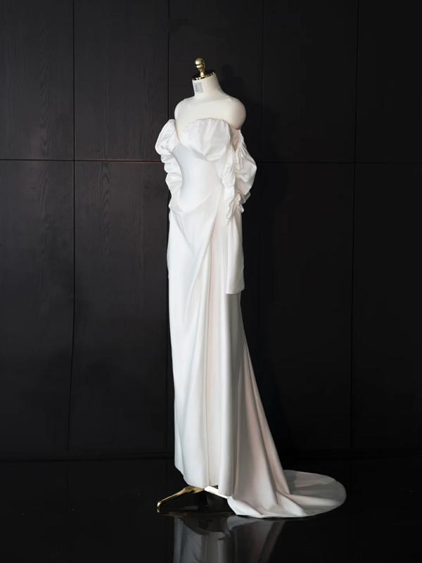 White satin off-the-shoulder fitted long ball gown/bridal dress R8959
