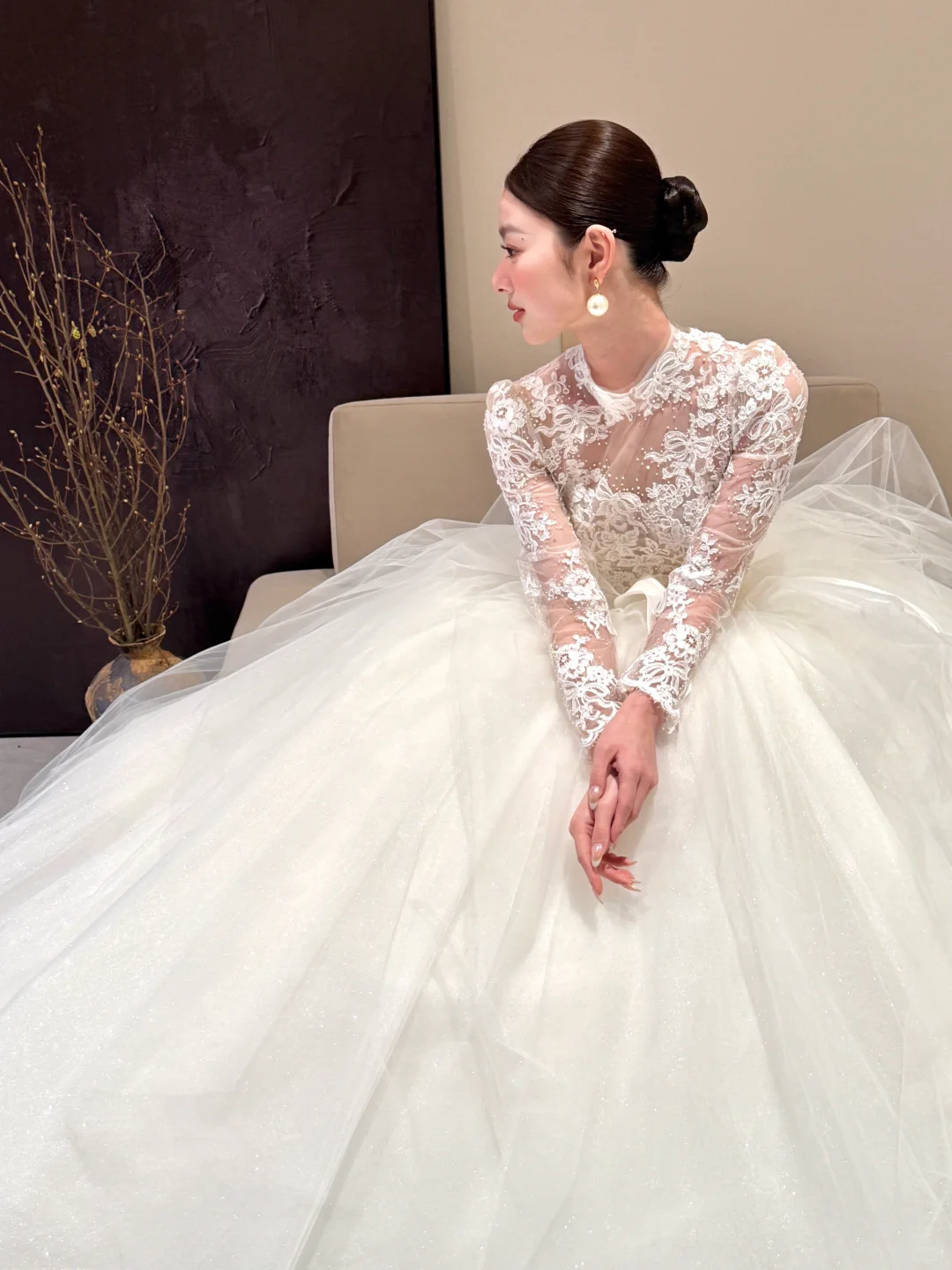 White lace top slim fit puffy skirt tulle long dress bridal gown R6064