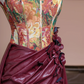 Vintage oil painting floral strapless cinched waist patchwork burgundy long ball gown, bridal dress R8321