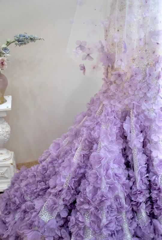 White strapless fitted waist long ball gown with purple floral maxi skirt R8899