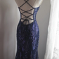 Navy blue sequined halter-neck fitted bodycon long ball gown R6782