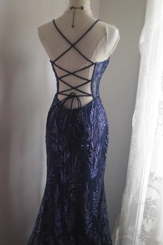 Navy blue sequined halter-neck fitted bodycon long ball gown R6782