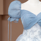 Light gray-blue puff sleeve, fitted waist, A-line skirt, long ball gown R8498