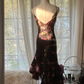 Black with pink floral print, halter-neck, fitted, asymmetrical hem, long ball gown R7738