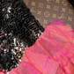 Black halter-neck sequined fitted pink tiered skirt short ball gown R6982