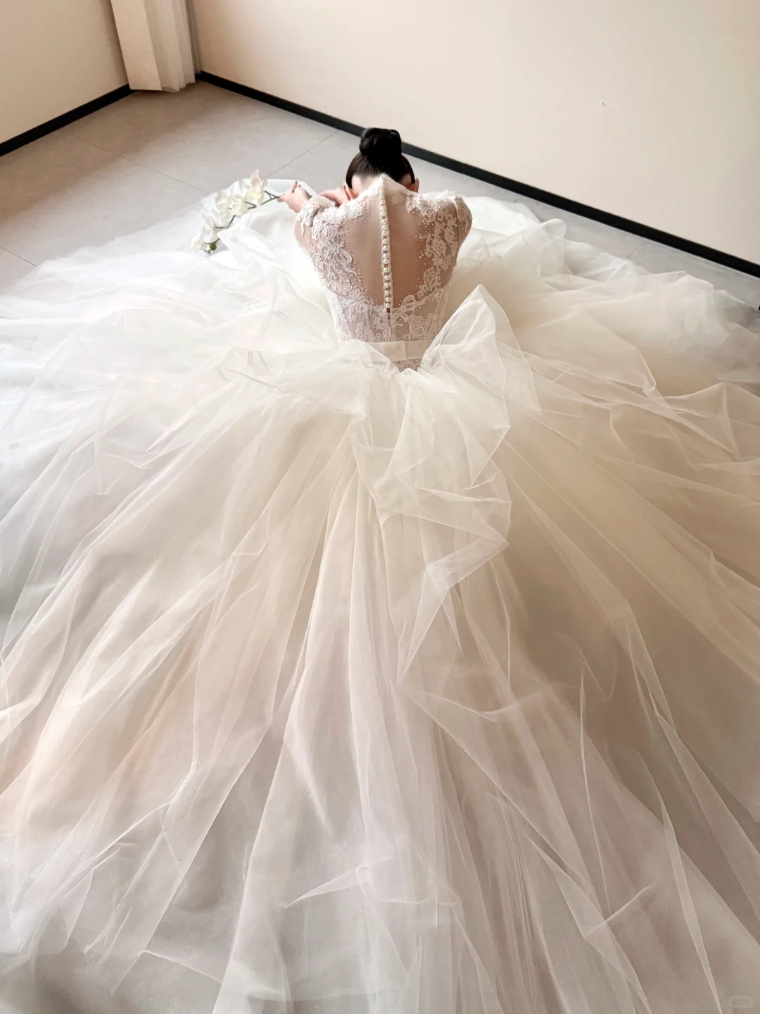 White lace top slim fit puffy skirt tulle long dress bridal gown R6064