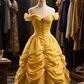 Gold one-shoulder slim waist pleated puffy skirt long ball gown R6082