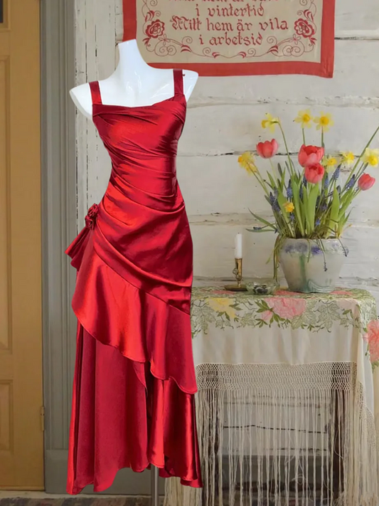 Red suspender satin slim waist pleated skirt long ball gown R6224