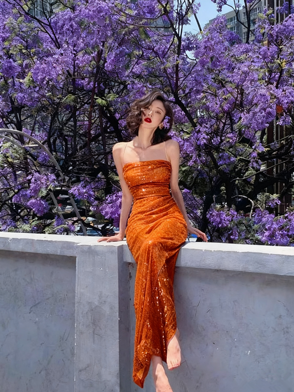 Charming purple sequin sexy waist tube top maxi prom dress, homecoming dress R3104