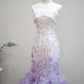 White strapless fitted waist long ball gown with purple floral maxi skirt R8899