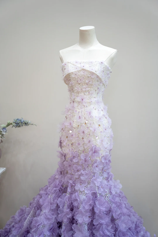 White strapless fitted waist long ball gown with purple floral maxi skirt R8899