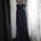 Navy blue sequined halter-neck fitted bodycon long ball gown R6782