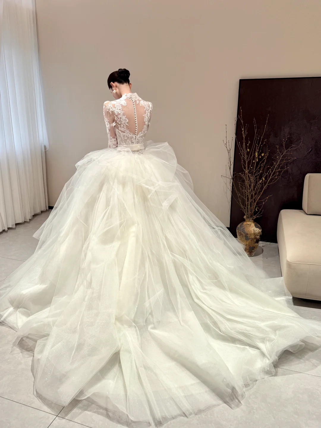 White lace top slim fit puffy skirt tulle long dress bridal gown R6064