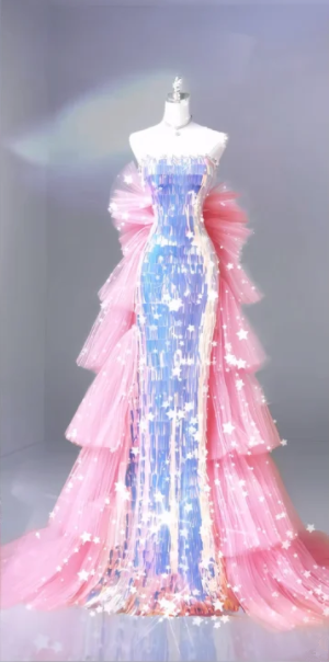 Silver strapless sequined fitted long ball gown R6463