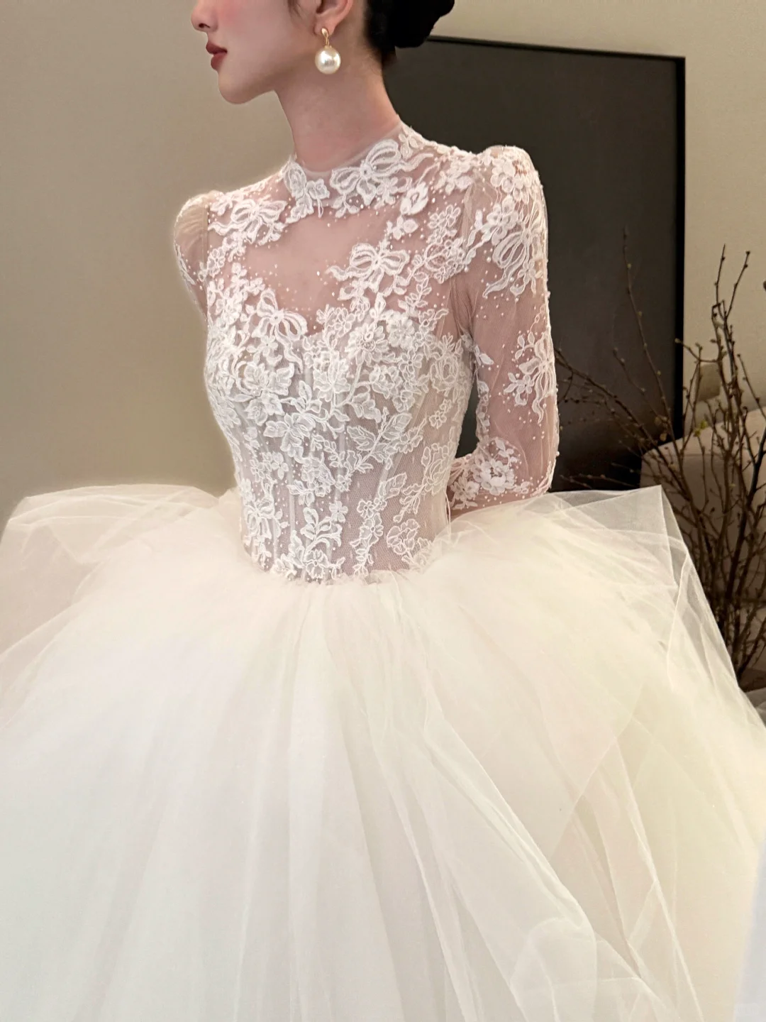 White lace top slim fit puffy skirt tulle long dress bridal gown R6064