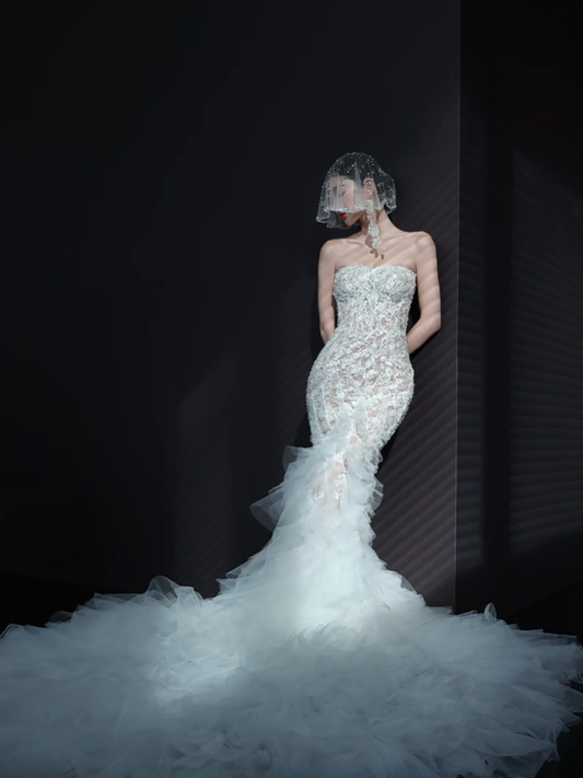 White Strapless Lace Waist Slim Fishtail Skirt Long Bridal Dress R6044