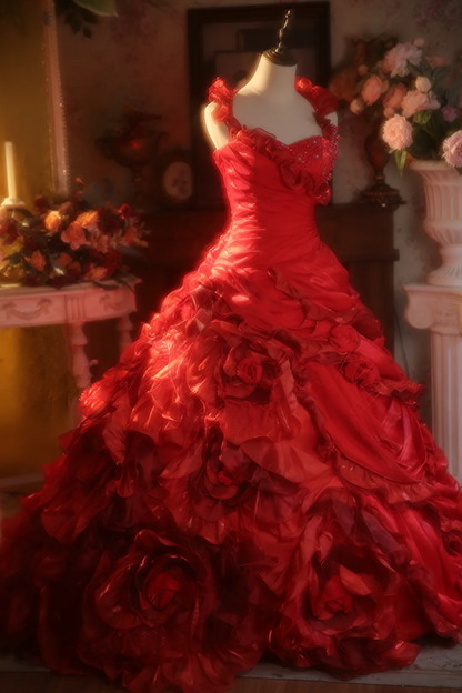 Red Halter-Neck Waist-Cinched Puffy-Hem Ball Gown, Bridal Gown R7336
