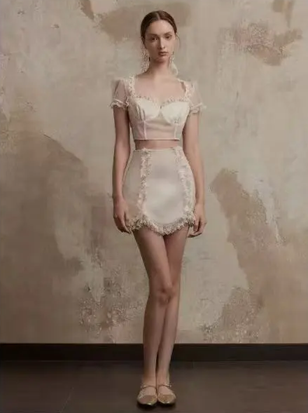 Beige sexy top hip-hugging design short skirt suit homecoming dress R4849