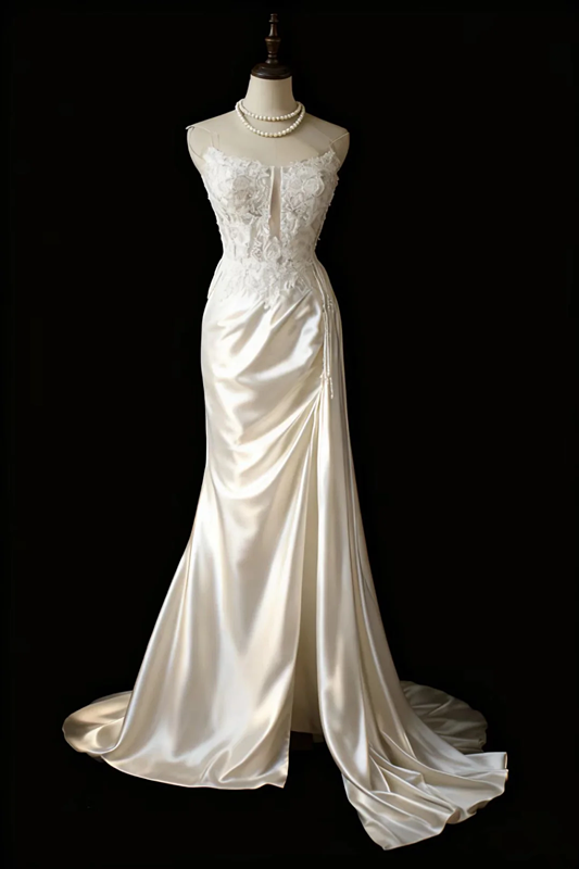 White strapless lace-trimmed long ball gown with a classic and elegant design R6743