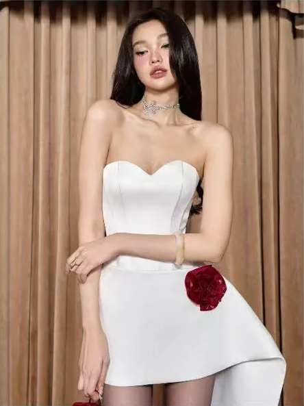 White tube top waist temperament irregular charming skirt short skirt homecoming dress R4809