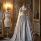 Light gray square-neck waist-cinching slim-fit ballgown prom dress R7929
