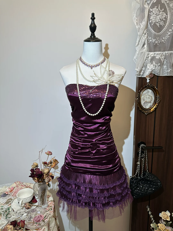 Dark purple satin tube top waist pleated hip sexy short skirt homecoming dress R4281