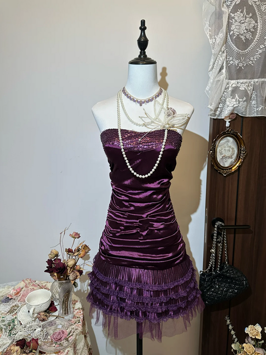 Dark purple satin tube top waist pleated hip sexy short skirt homecoming dress R4281