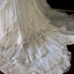 White lace square-neck long-sleeve ball gown with a cinched waist, vintage style and tiered cake skirt; bridal gown R7295