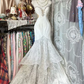 White strapless, fitted, fishtail lace long ball gown R7575