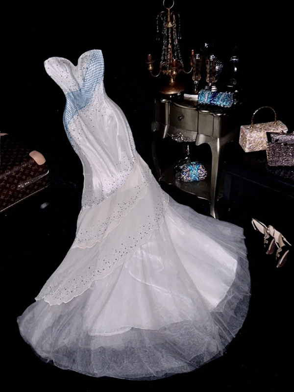 White strapless high-waisted beaded long ball gown, ethereal and charming R6942