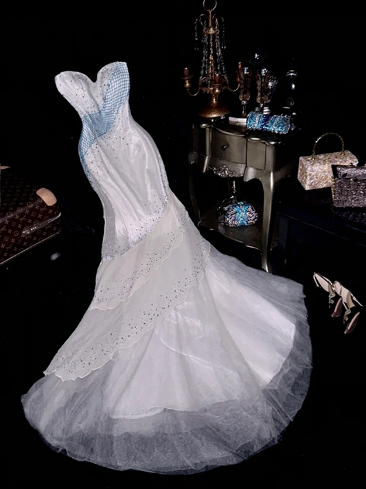 White strapless high-waisted beaded long ball gown, ethereal and charming R6942