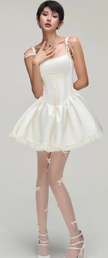 White suspender satin waist slim fit large swing skirt cute temperament short skirt homecoming dress R4683