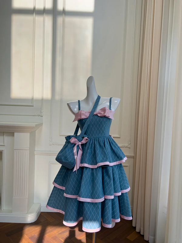 Blue suspenders cute puffy cake skirt homecoming dress R5052