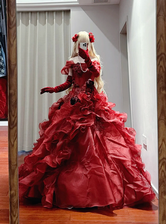 Red strapless fitted waist slim-fitting ball gown/bridal dress R8626