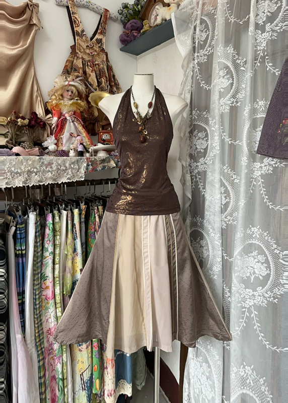 Brown halter neck fitted waist A-line skirt ball gown R6383