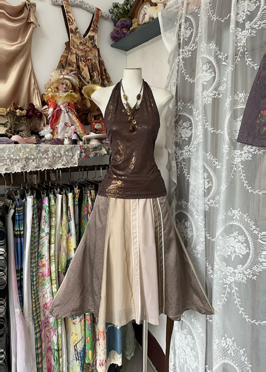 Brown halter neck fitted waist A-line skirt ball gown R6383
