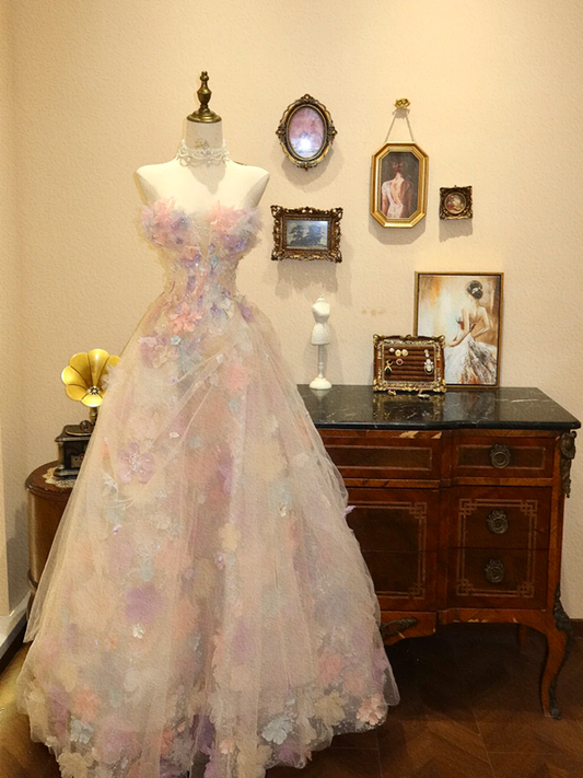 Pink floral strapless fitted A-line long wedding dress R6583