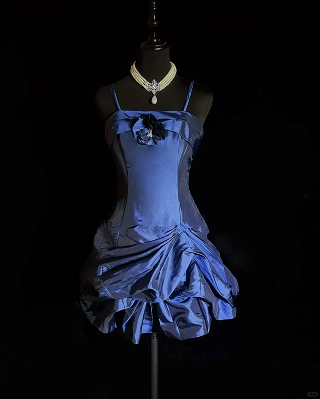 Dark blue suspender satin waist slim fit flower bud skirt short skirt homecoming dress R4971