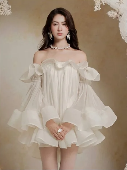 Apricot ruffled one-shoulder neckline long-sleeved princess cute short skirt homecoming dress R4766