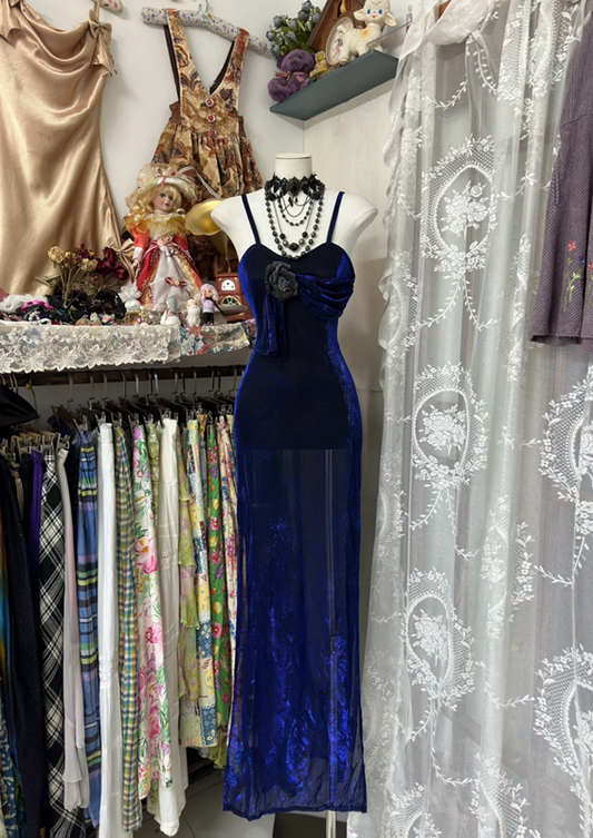 Retro blue halter-neck fitted bodycon dress, ball gown R6365