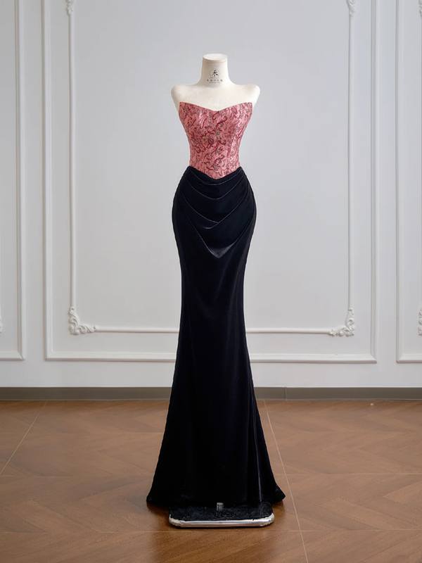 Pink strapless fitted bodice with black bodycon long skirt for a sexy ball gown R8156