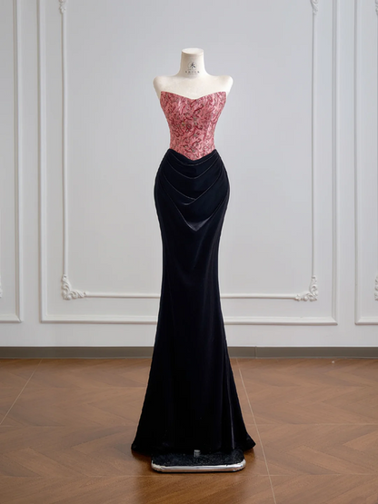 Pink strapless fitted bodice with black bodycon long skirt for a sexy ball gown R8156