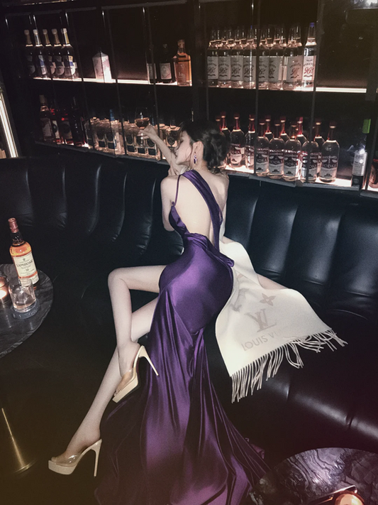 A sexy and alluring one-shoulder backless purple prom dress R7062
