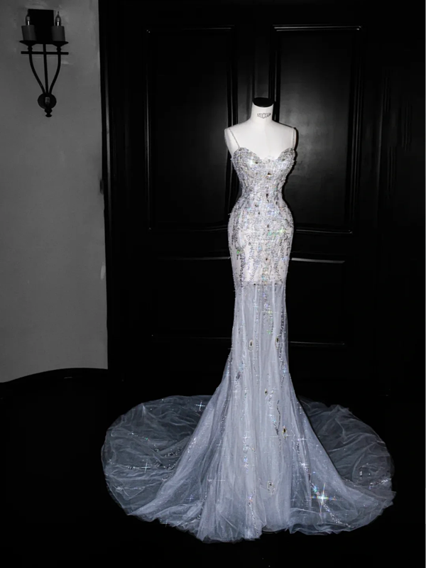 White suspender sequined diamond waist slim hip long skirt, prom dress R5632