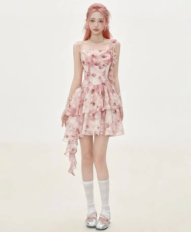 Pink suspender floral waist slim short skirt homecoming dress R5273