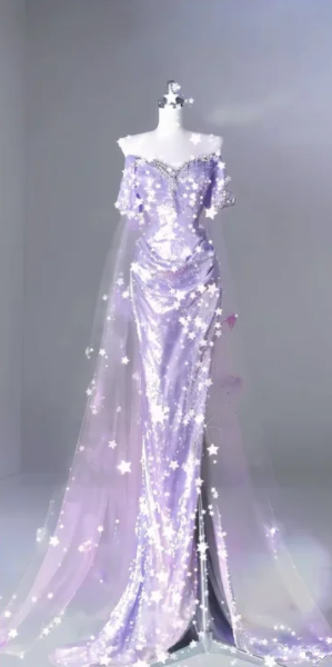 Light Purple Off-the-Shoulder Waist-Cinched Slim-Fit Long Ball Gown R7142