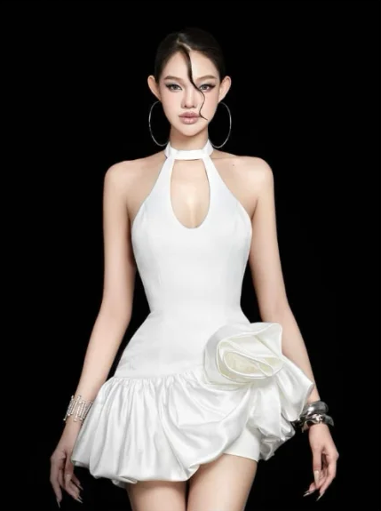 White halter neck hollow waist slim short irregular skirt dress homecoming dress R4890
